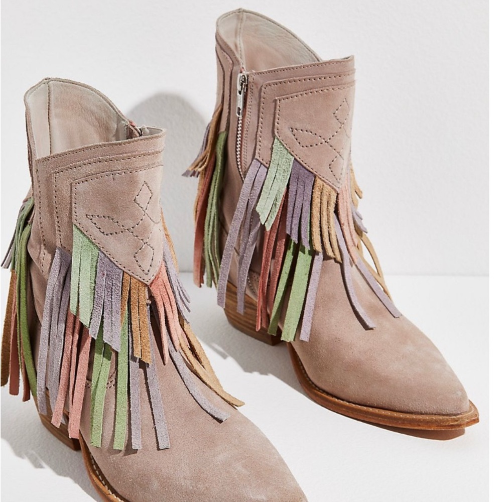 Free People Lawless Fringe Western Pink Multi Ankle Boots